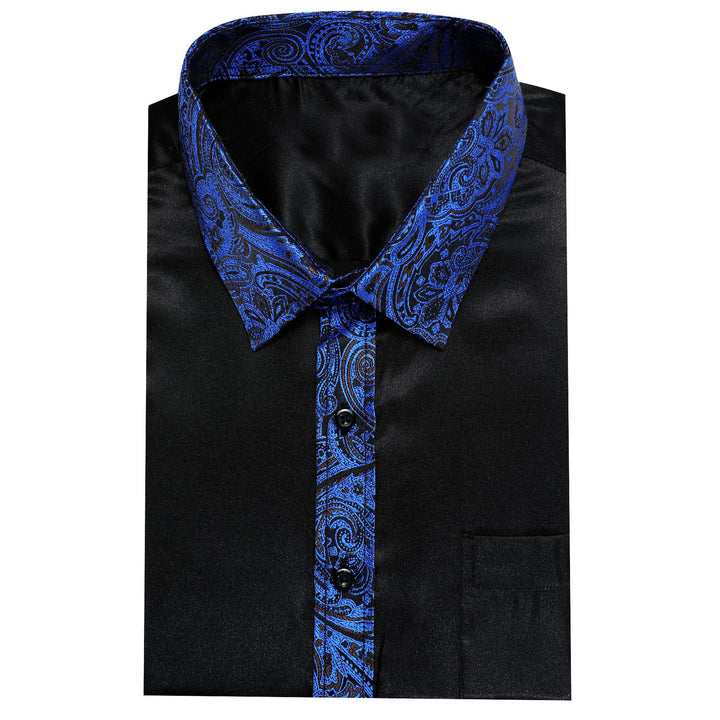 fashion splicing black solid blue floral silk men's black dress shirt with button down