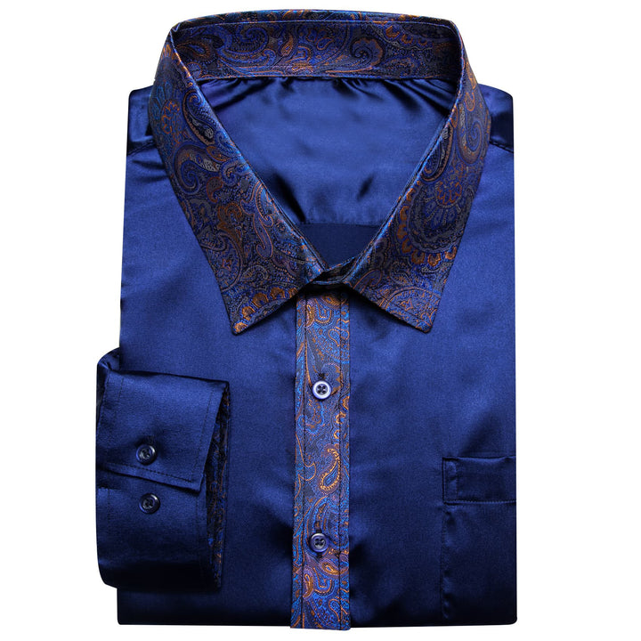 Button Down Long Sleeve splicing navy blue shirt for men