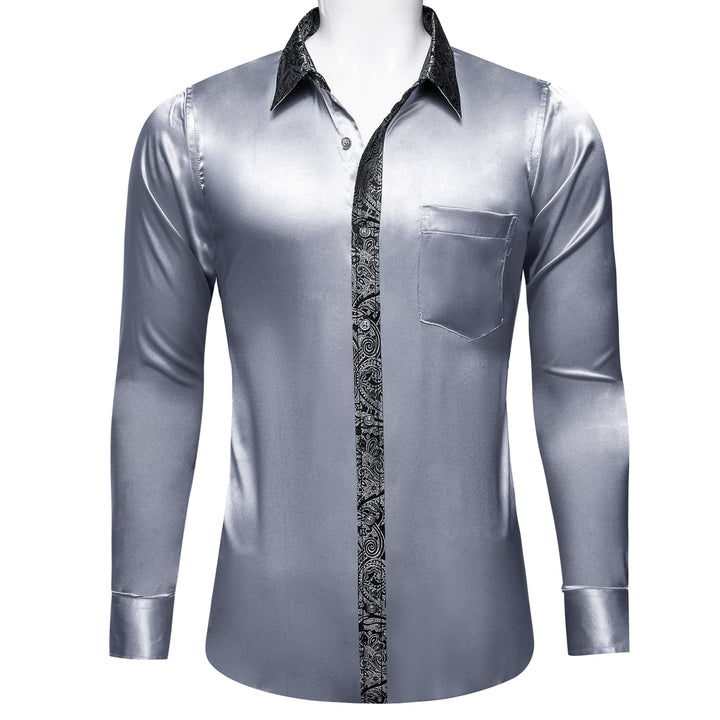 deep grey solid splicing paisley mens silk shirt for dress suit