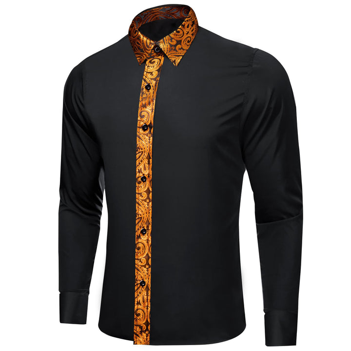 mens office business silk black solid splicing deep yellow designer shirt