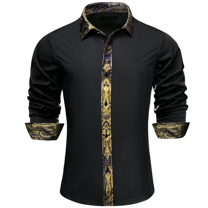 business dress silk mens black solid splicing floral yellow button up shirt