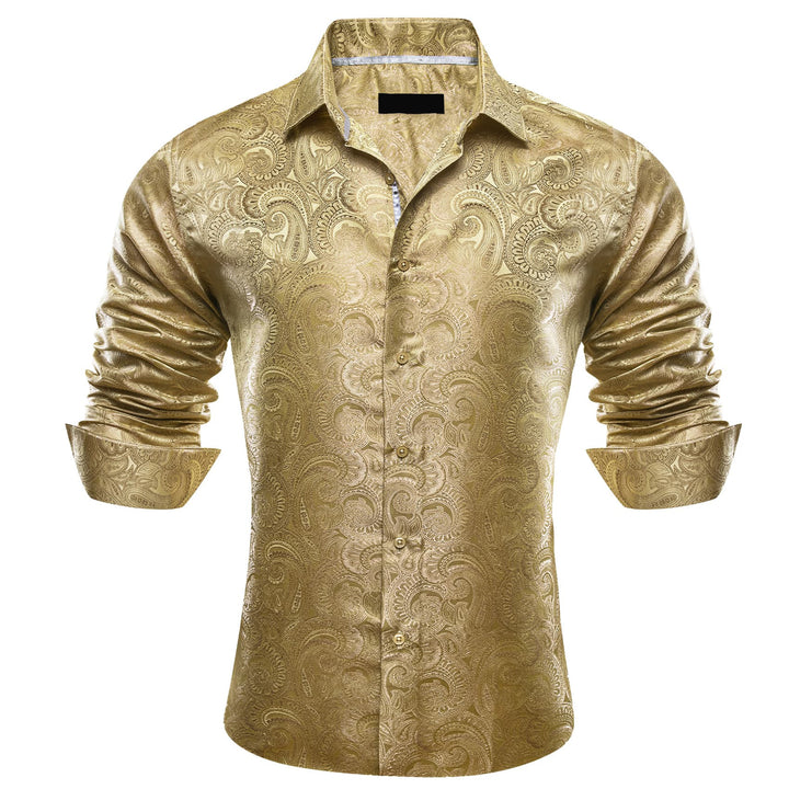 wedding fashion mens Long Sleeve Shirt gold yellow paisley silk men's casual button down shirts