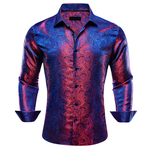 cobalt blue red paisley silk men button up shirts for business suit