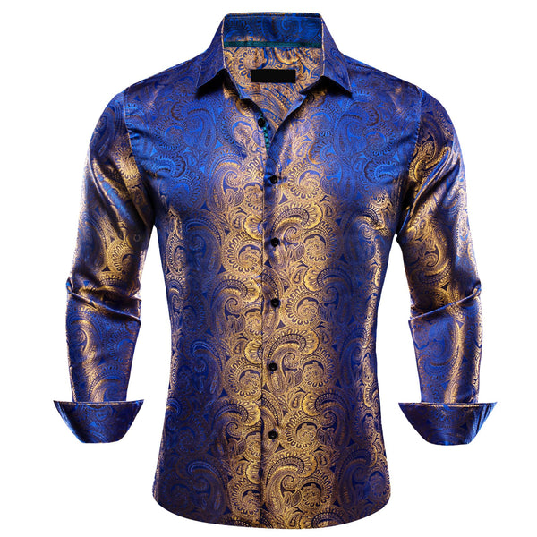 party casual wear outfit silk paisley cobalt bleue brown shirt men