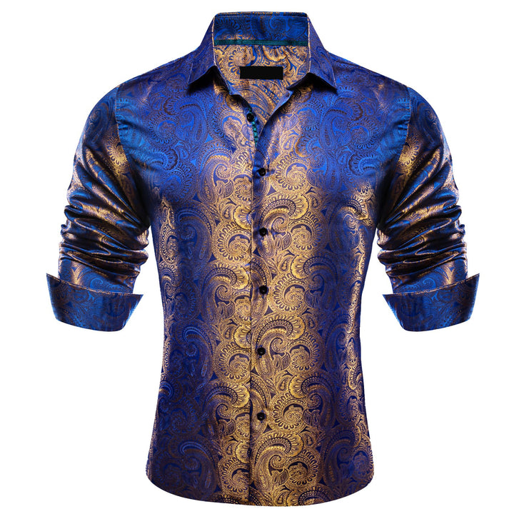 cobalt blue bright brown paisley silk mens long sleeve button down dress shirt