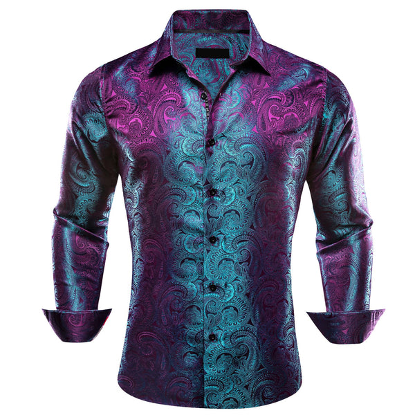 fashion design silk mens paisley teal blue purple button up shirt