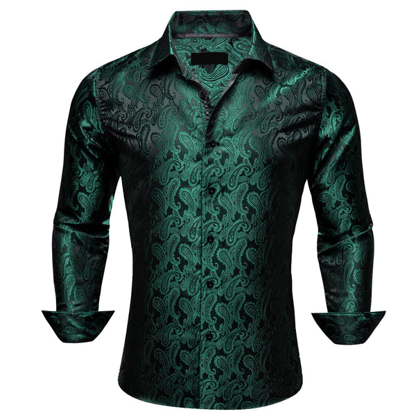 fashion silk mens paisley deep green button up shirt for suit jacket