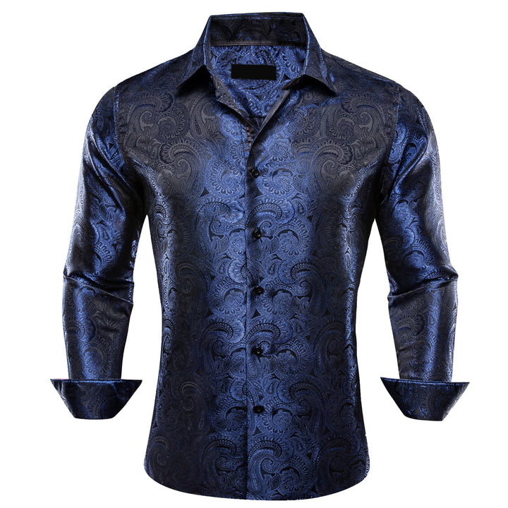 fashion silk mens paisley navy blue button up shirt