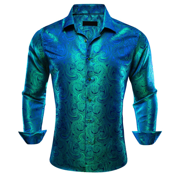 high quality silk mens paisley navy blue teal blue shirt for business office