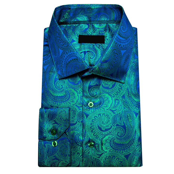 business office formal silk mens blue teal paisley shirt for men