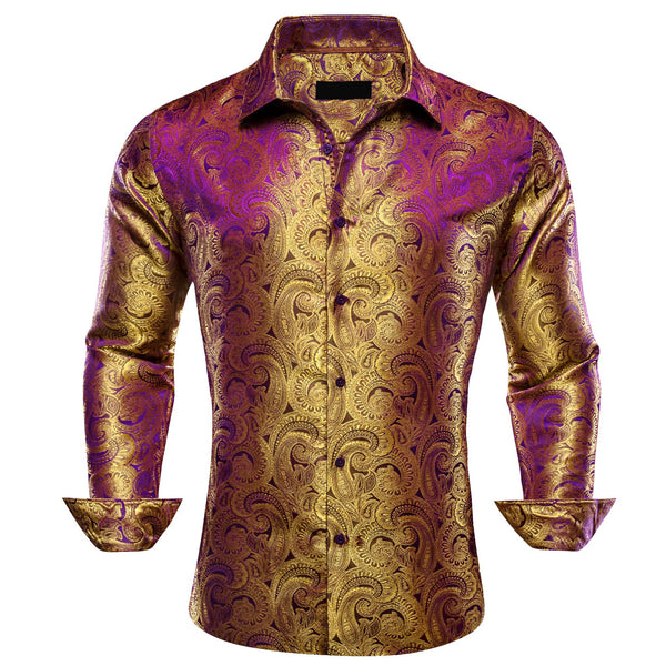 fashion paisley silk mens purple brown shirt Long Sleeve button up shirt for business suit