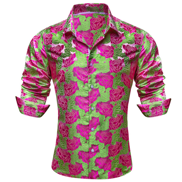 Ties2you Casual Shirt Green Pink Rose Floral Long Sleeve Button Up Shirts for Men