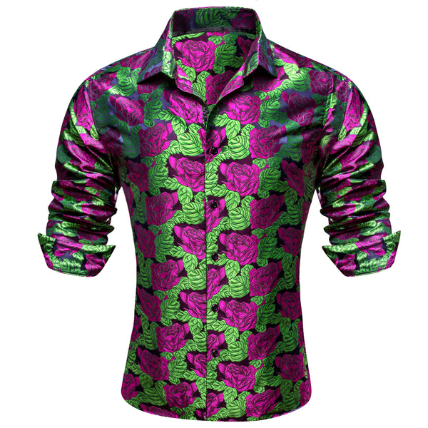 Ties2you Casual Shirt Green Purple Rose Floral Long Sleeve Button Up Shirts for Men Wedding