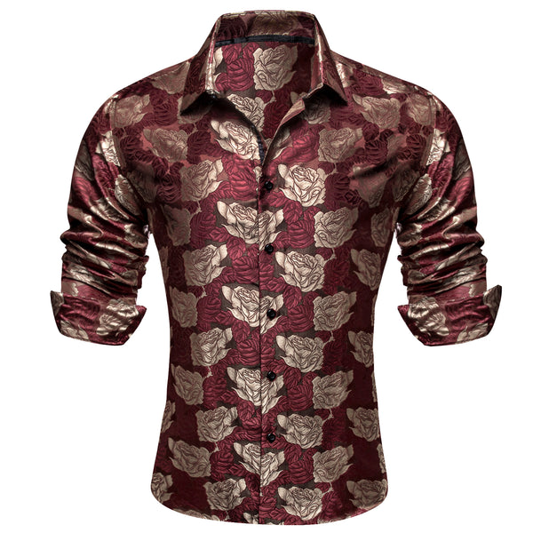 Ties2you Casual Shirt Deep Red Brown Rose Floral Long Sleeve Button Up Shirts for Men