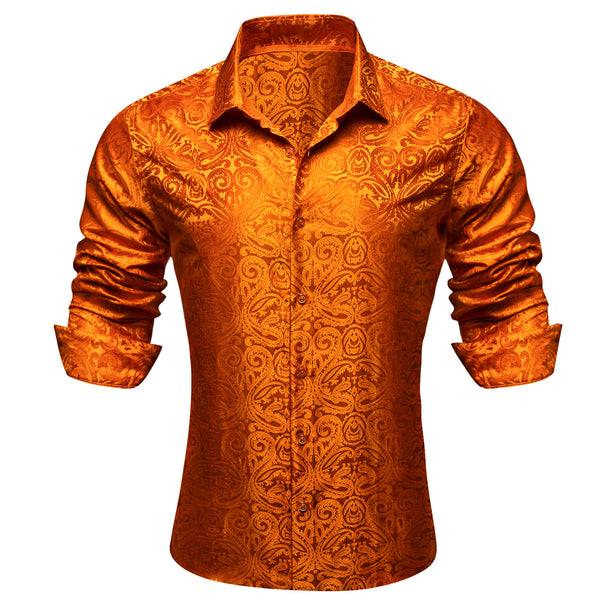 Ties2you Casual Shirt Hot Orange Floral Long Sleeve Button Up Shirts for Men