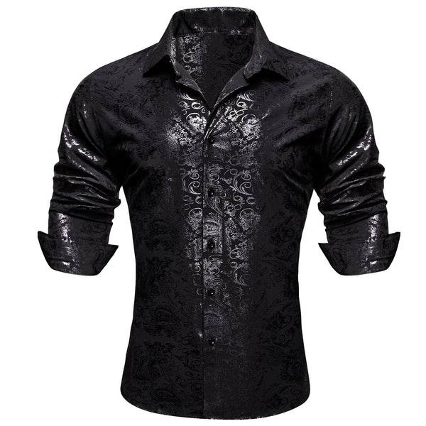 Ties2you Casual Shirt Black Silver Hot Stamping Floral Long Sleeve Button Up Shirts for Men