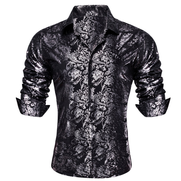 Ties2you Dress Shirt Black Silver Hot Stamping Floral Long Sleeve Button Up Mens Shirts