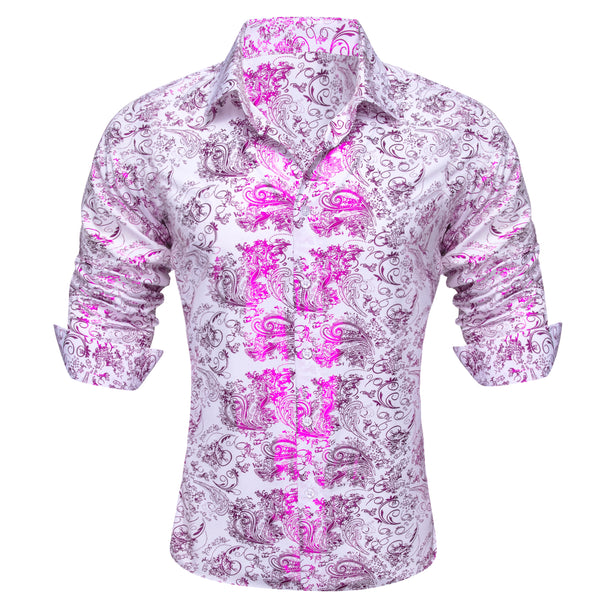 Ties2you Dress Shirt Purple White Hot Stamping Floral Long Sleeve Button Up Shirts for Men