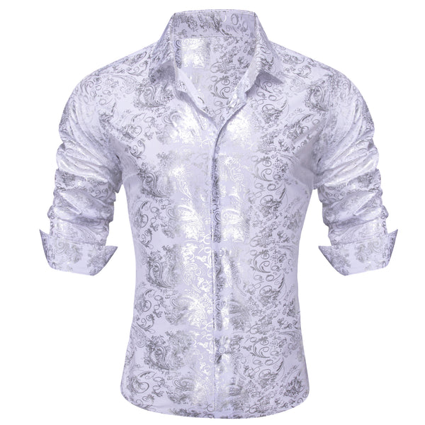 Ties2you Dress Shirt White Hot Stamping Floral Long Sleeve Button Up Shirts for Men Wedding