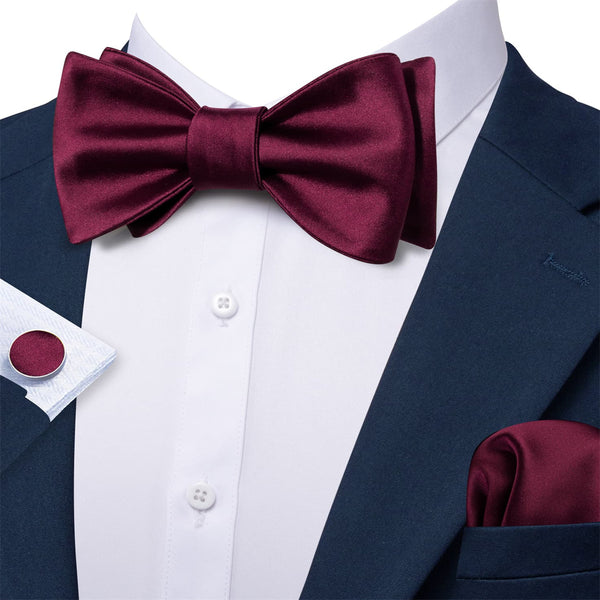 fashion summer wedding silk mens solid Burgundy red bow tie pocket square cufflinks set