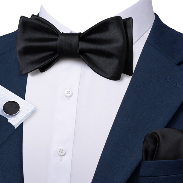 classic business solid mens silk black bow ties pocket square cufflinks set