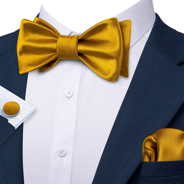 business meeting design silk mens solid gold yellow bow tie pocket square cufflinks set