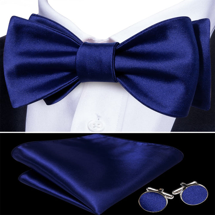 silk solid mens dark blue bow tie handkerchief cufflinks set for dress suit top