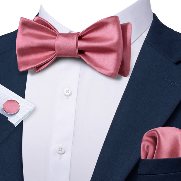 solid wedding design silk mens dress suit rose pink bow tie handkerchief cufflinks set