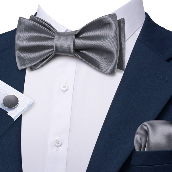 classic business formal solid deep grey bow tie handkerchief cufflinks set