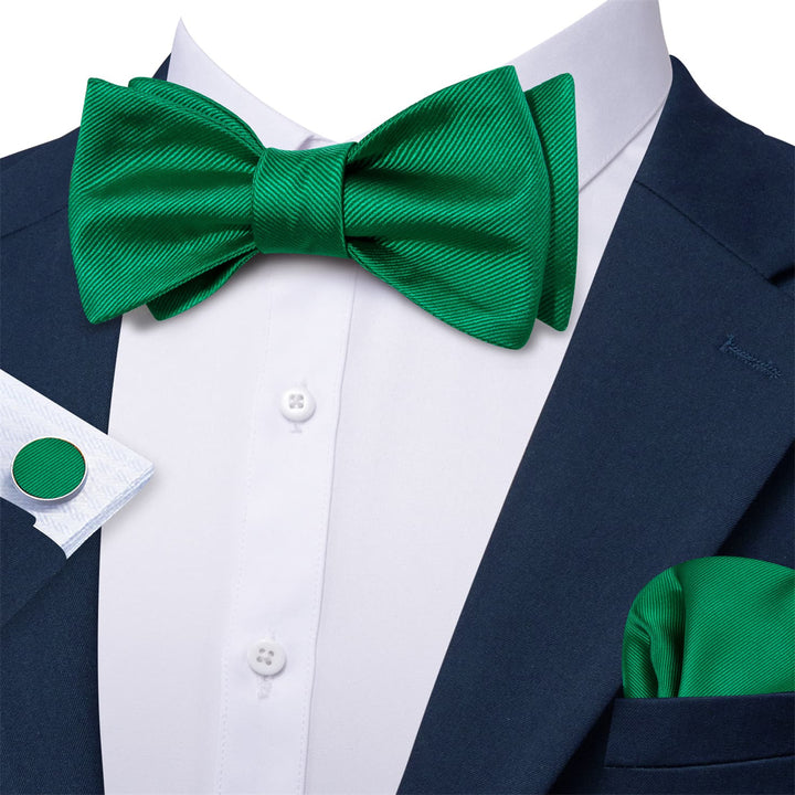 mens silk classic striped green bow ties pocket square cufflinks set for suit dress