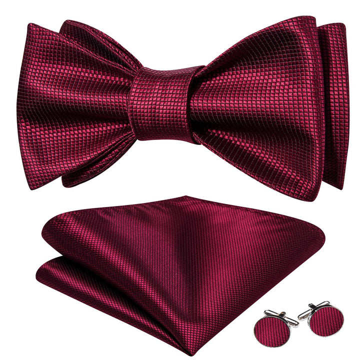 silk mens plaid dark red bow tie handkerchief cufflinks set for wedding tie design