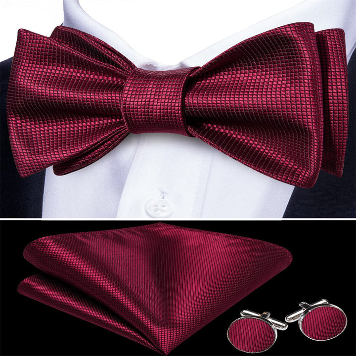 silk mens plaid dark red bow tie handkerchief cufflinks set for wedding tie design