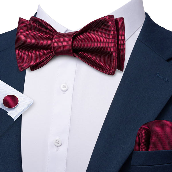 fashion burgundy red plaid wedding bow ties pocket square cufflinks set