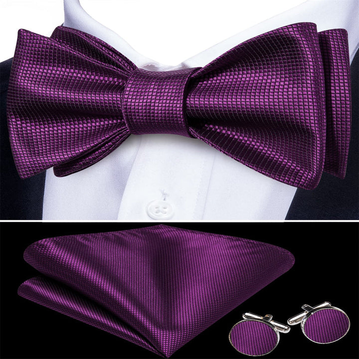 wedding tie design deep purple plaid silk men's bow tie handkerchief cufflinks set