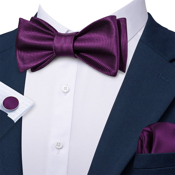 fashion wedding plaid silk mens deep purple bow tie of self-tied bow tie pocket square cufflinks set