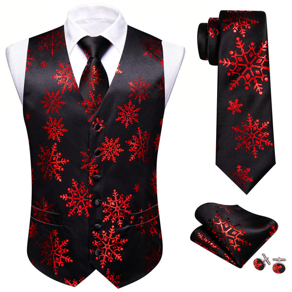 Ties2you Mens Silk Waistcoat Black Red Snow Christmas Vest Necktie Set