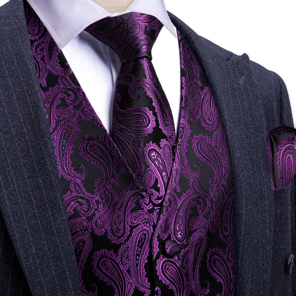 deep purple paisley business dress suit silk men's formal vests tie handkerchief cufflinks set
