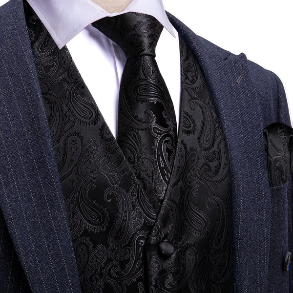 classic black paisley silk mens dress suit vest tie handkerchief cufflinks set men vest outfits for business
