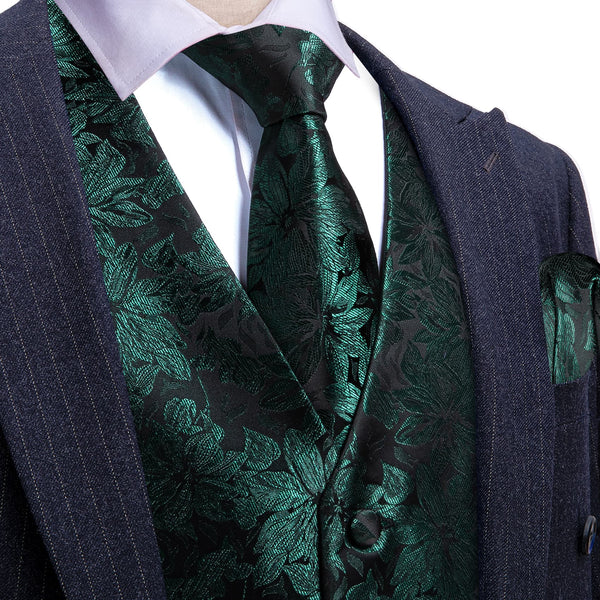 silk mens deep green floral vest tie pocket square cufflinks set and the white shirt blue suit for business