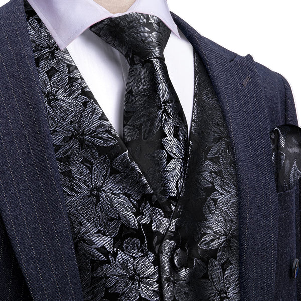 mens fashion business wedding silk floral fancy vest tie pocket square cufflinks set