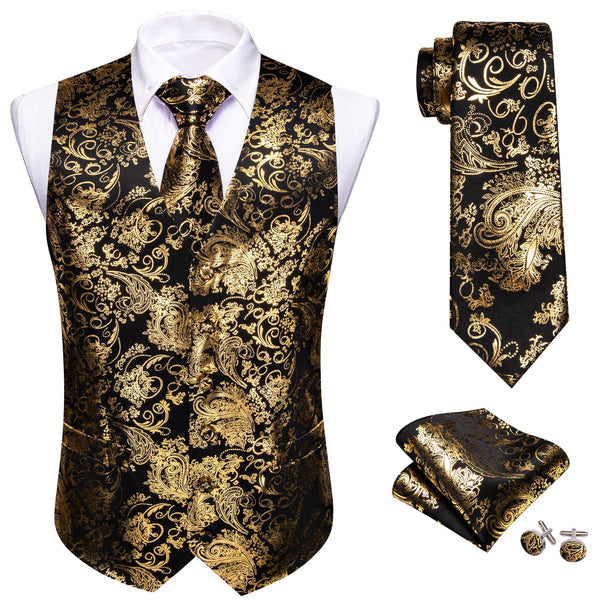 men new fashion high quality silk black gold floral vest jacket tie pocket square cufflinks set