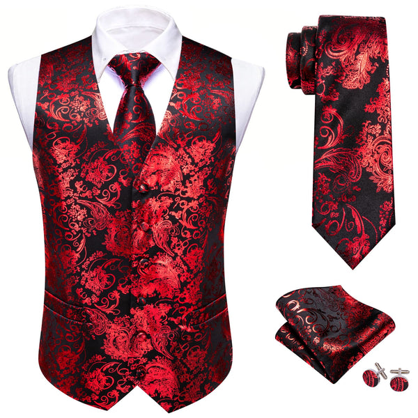 Wedding groom dazzling outfit fashion floral black red vest mens tie and vest set