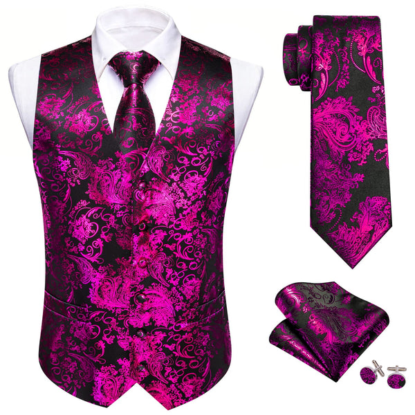 new arrival jacquard floral black purple silk mens tux vest and ties pocket square cufflinks set