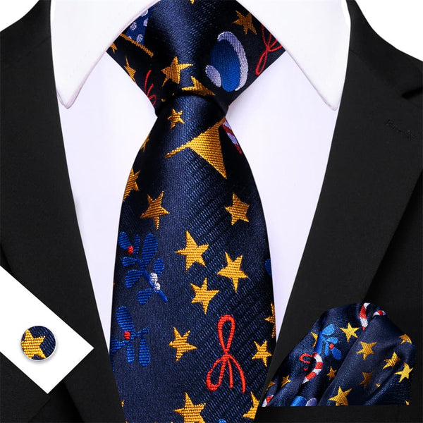 Ties2you Dark Blue Christmas Lights Star Necktie Pocket Square Cufflinks Set