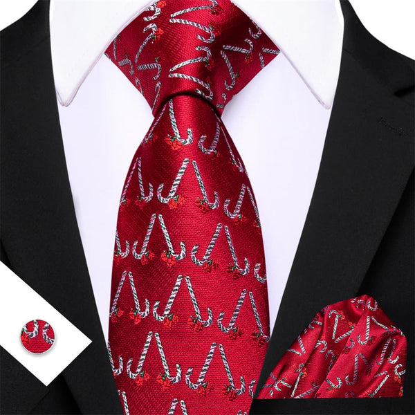 Ties2you Red White Christmas Candy Cane Necktie Pocket Square Cufflinks Set