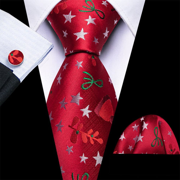 Ties2you Red White Christmas Star Men's Tie Pocket Square Cufflinks Set