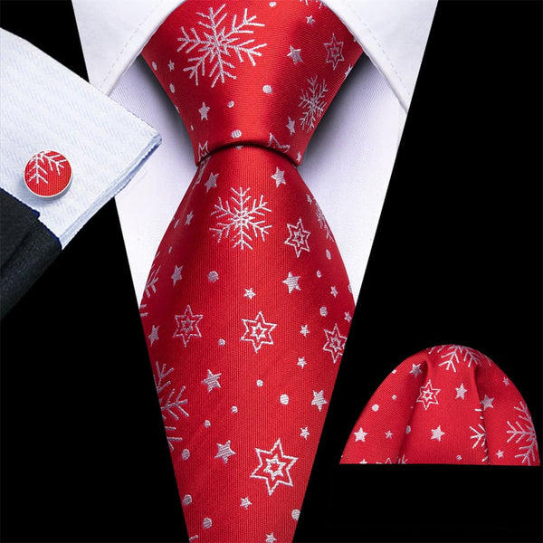 Ties2you Red White Christmas Star Snowflake Men's Tie Pocket Square Cufflinks Set