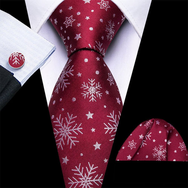 Ties2you Dark Red White Christmas Snowflake Men's Tie Pocket Square Cufflinks Set