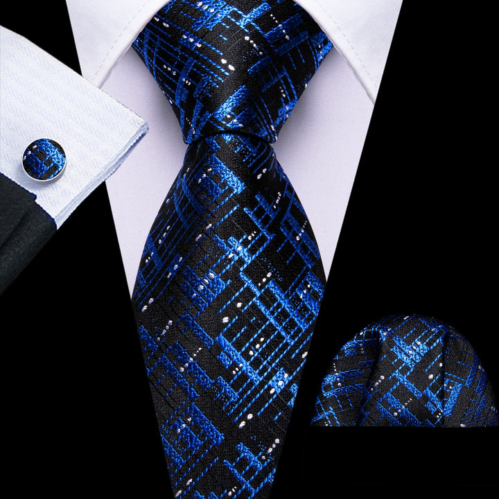 high quality silk novelty mens black royal blue tie handkerchief cufflinks set