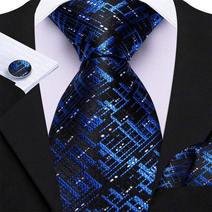 fashion novelty silk mens black navy blue tie handkerchief cufflinks set